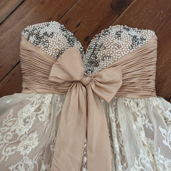 Sherri Hill Pink Strapless White Lace Hoco BabyDoll Dress Bow Short Mini Size 6 - Picture 4 of 12